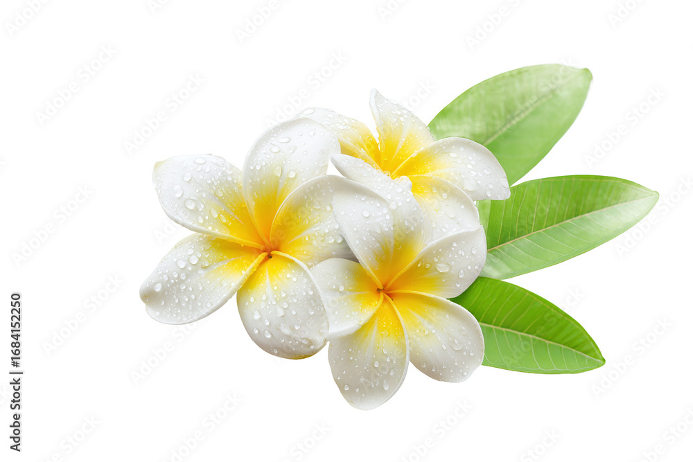 Naklejka premium Three Frangipani flowers with water drops and leaves, isolated on white transparent background
