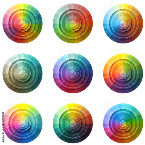 Collection of nine circular rainbow color wheels for design.