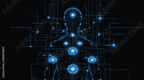 Humanoid silhouette outlined by glowing blue circuits and internal energy nodes abstract artificial intelligence.