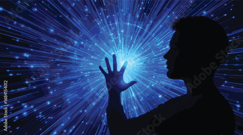 Silhouette of a person reaching out to a glowing blue digital explosion of data and light technology.