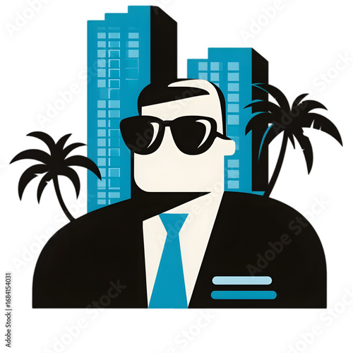 Confident businessman character wearing a suit and sunglasses.