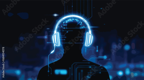 Silhouette of a Person Wearing Glowing Blue Headphones with Digital Circuitry and City Lights vector.