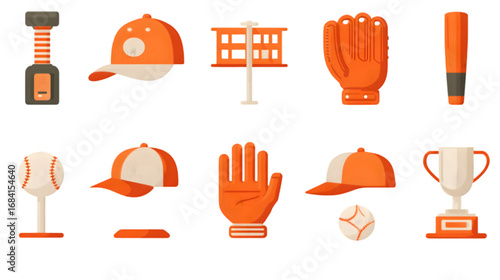 Collection of orange and white baseball sports equipment icons.