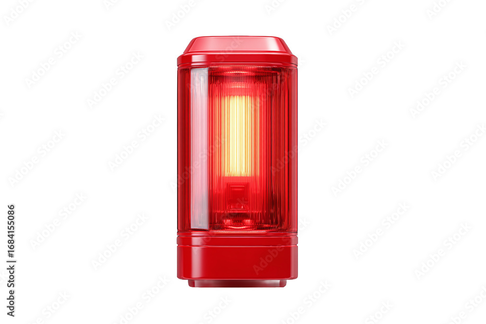 Obraz premium Red emergency warning light beacon, illuminated, isolated on white transparent background.