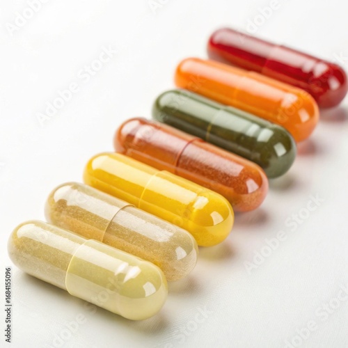 A vibrant array of colorful capsules arranged neatly, showcasing various shades and sizes, likely representing dietary supplements or medications.