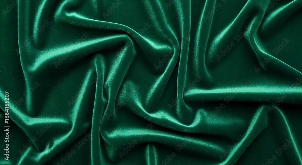 Fototapeta premium Emerald green velvet fabric with deep plush folds, macro full frame textile photography for luxury design backgrounds