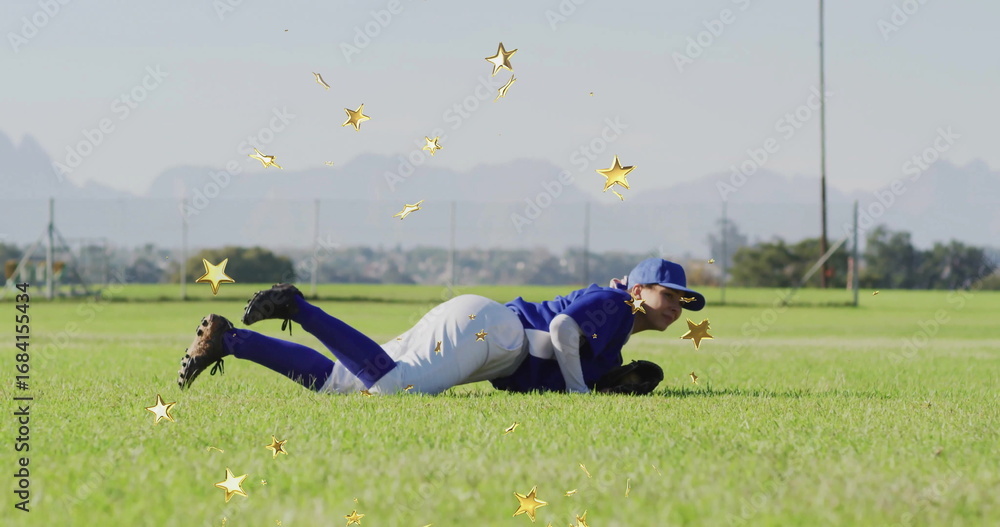 Obraz premium Lying baseball player wearing blue cap, jersey holding glove on grass field with stars, copy space