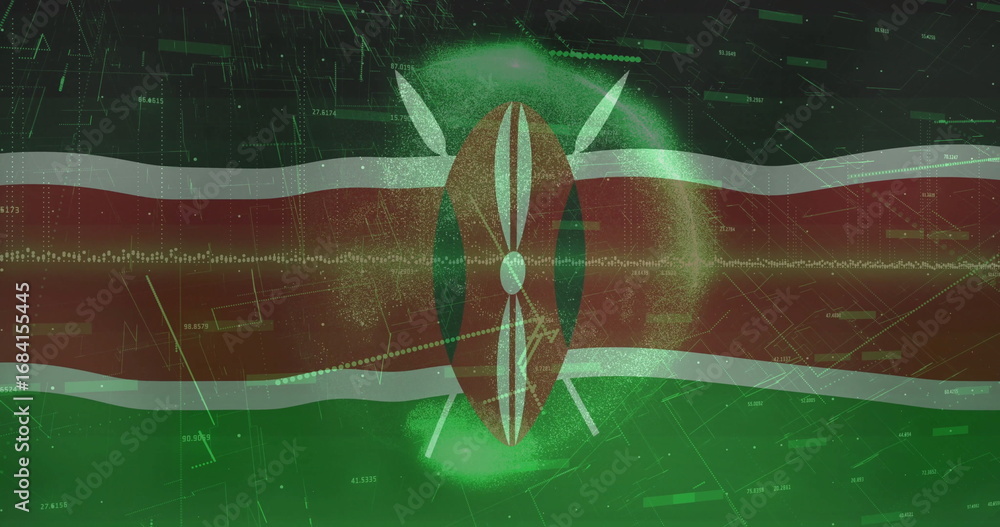 Fototapeta premium Kenyan flag stretching across data network, with Maasai shield emblem, grid lines, data points