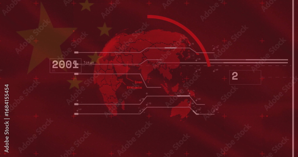 Fototapeta premium Displaying world map streaming data lines in digital graphic, with nodes, 2004-Tokyo, box2, stars
