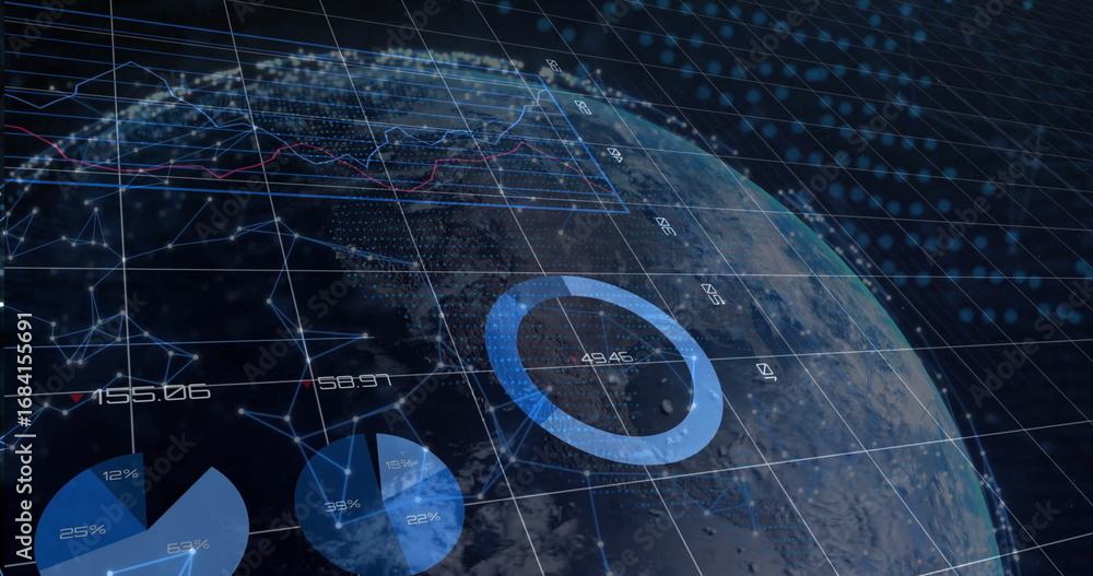 Naklejka premium Rotating 3D Earth globe showing data charts, grid overlay and numeric labels in analytics hub