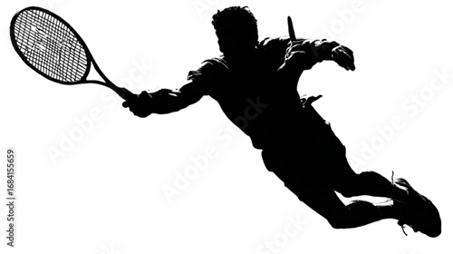 Dynamic black silhouette of a tennis player lunging for a shot.