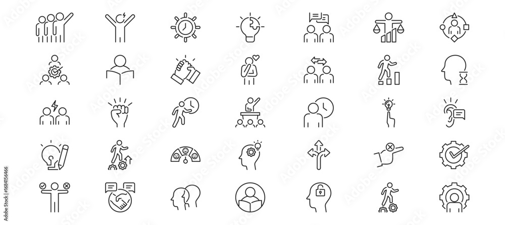 Obraz premium Soft skills Icon Set containing leadership, communication, decision making, upskilling and reskilling vector icons