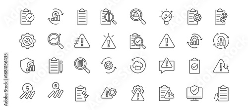 Business Continuity Icon Set Containing plan, risk analysis, threat analysis, risk reduction, management and mitigation vector icons