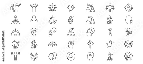 Soft skills Icon Set containing leadership, communication, decision making, upskilling and reskilling vector icons