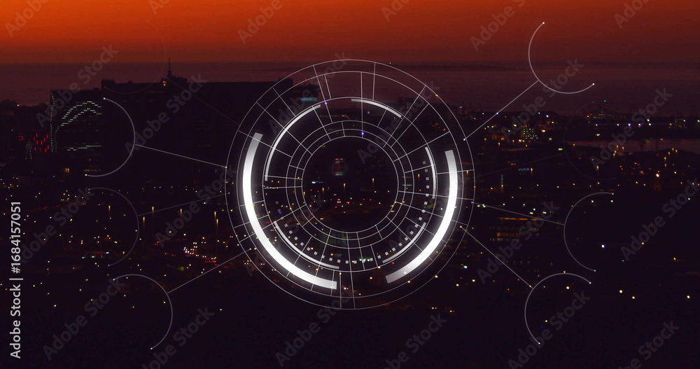 Obraz premium Displaying transparent HUD interface over city skyline at dusk, with glowing rings and data markers