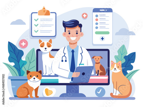 Friendly veterinarian interacting with pets using digital technology for animal care