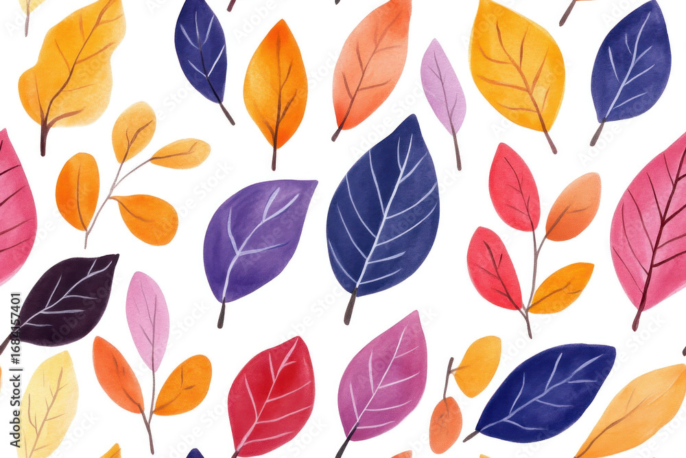Fototapeta premium Colorful painted leaves scatter on a white background, creating a vibrant abstract pattern with warm and cool hues, soft textures, and a playful organic rhythm ideal for design, decor, and creative