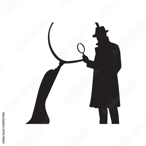 Silhouette of a detective in a trench coat and fedora examining a curved object with a magnifying glass