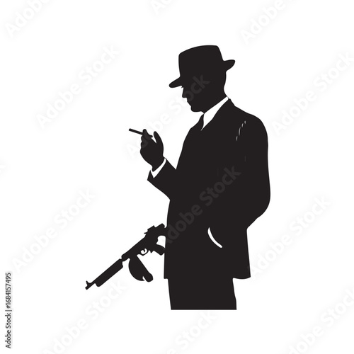 Black silhouette of a man in a fedora holding a cigarette and a submachine gun male gangster