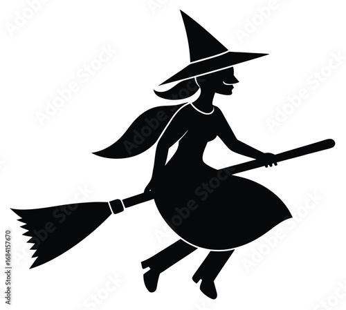 Mystical witch broom flying icon for halloween and fantasy themes