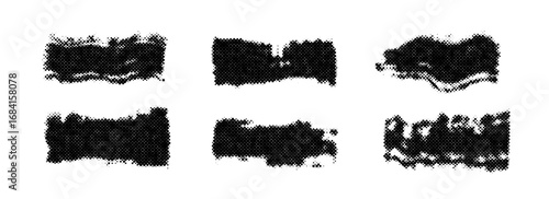 Halftone grunge brush stroke collection. Rough dotted grainy dirty stripe set. Gritty distressed elements for text box, banner, poster, label, badge, collage, frame, border. Vector paint stain pack