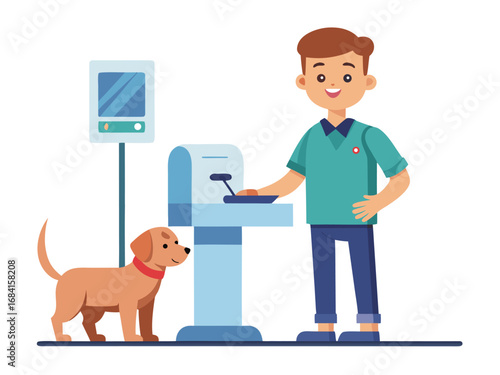 Friendly veterinarian examines a healthy dog at a modern animal clinic