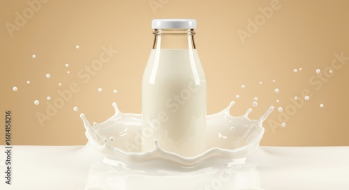 Fresh milk in a glass bottle with splash liquid showing pureness and good nutrition for healthy lifestyle wellbeing