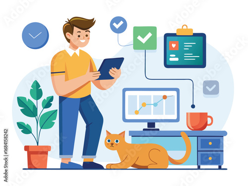 Person working from home with pet cat and digital devices enjoying a productive day
