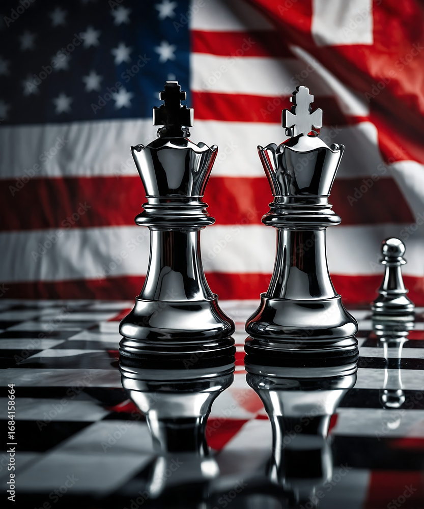 Naklejka premium Chess pieces stand against the backdrop of the american flag
