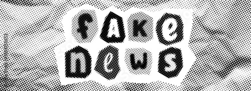 Fake news halftone background concept. Comic style text collage on crumpled paper. Retro pixel backdrop of false facts, misinformation, propaganda, post truth, misconception. Vector vintage newspaper