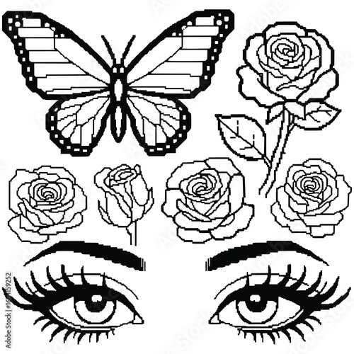 Eyes, Roses, and Butterfly Pixel Art Generative AI