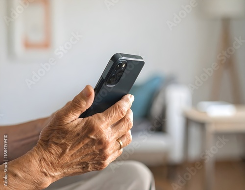 close up of an old, senior, adult's hand holding a cellphone - detail of an old person's hand