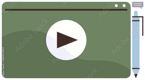 Video player with prominent play button on green interface, pen, and chat bubble for creativity, collaboration, training, learning, content creation, communication education. Simple flat metaphor