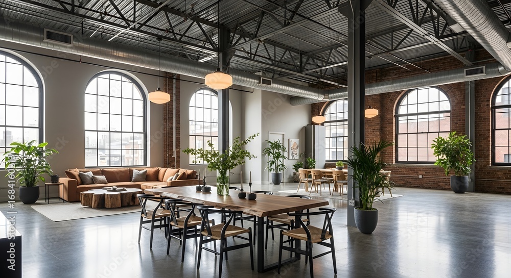 Naklejka premium Spacious Industrial-Chic Open-Plan Loft Interior with Modern Furniture and Large Arched Windows