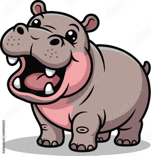 Vector art of cartoon hippopotamus with a big smile and open mouth cute hippo character with big teeth, small ears, and a round body standing on its short legs, perfect for childrens illustration