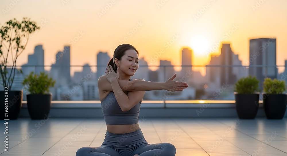 Fototapeta premium Woman Stretching on Rooftop at Sunrise.