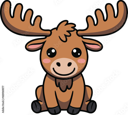 Vector art of adorable cartoon moose, featuring a cute and friendly character with big antlers and a sweet smile, perfect for childrens illustrations and woodlandthemed designs in a simple vector styl