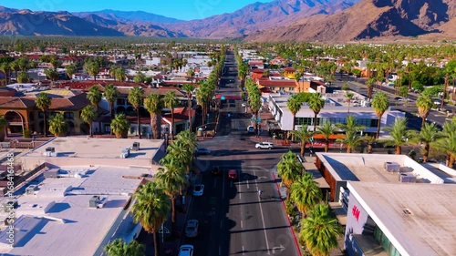 Palm Springs downtown aerial view with palm trees and mountains, July 18, 2025