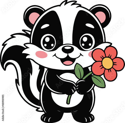 Vector art of adorable cartoon skunk holding a flower cute and cheerful skunk character illustration for childrens books, greeting cards, and naturethemed designs funny animal drawing