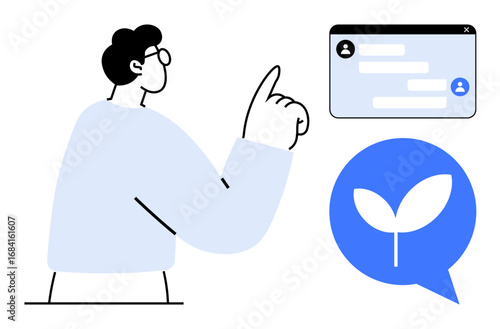 Person interacting with a chat interface alongside a leaf speech bubble indicating eco-friendly communication. Ideal for environmental tech, sustainability, teamwork, user interaction