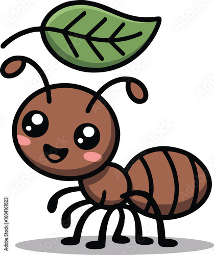 Illustration of a cute cartoon ant the ant is brown with big eyes and a leaf on its head the ant is smiling and looks friendly and approachable