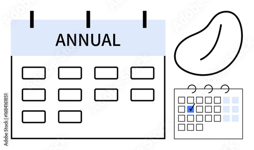 Large calendar marked Annual, smaller highlighted calendar, and abstract bean shape. Ideal for event scheduling, organization, time management, annual planning, reminders, routines flat simple