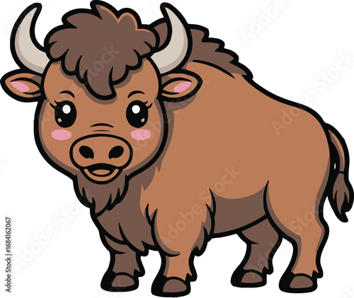 Vector art of charming cartoon bison this delightful illustration showcases a cute bison with endearing eyes and a gentle smile, perfect for childrens books, wildlifethemed designs, and educational ma