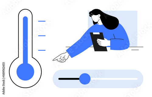 Female figure holding a clipboard and pointing to a temperature slider with a thermometer icon. Ideal for energy management, control settings, environmental monitoring, healthcare, analysis