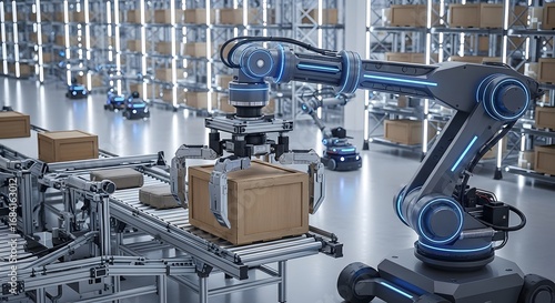 Automated Smart Warehouse: Robotic Arm and Autonomous Mobile Robots Efficiently Handling Packages on a Conveyor Belt