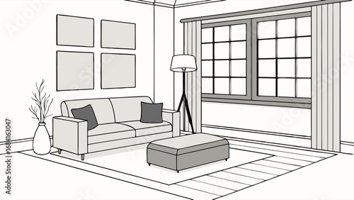 Living Room Interior Design Sketch Sofa Floor Lamp Window Pictures Ottoman Rug Home Decor Apartment House Illustration.