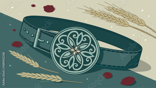 Ornate Belt Buckle with Wheat and Floral Design Illustration.