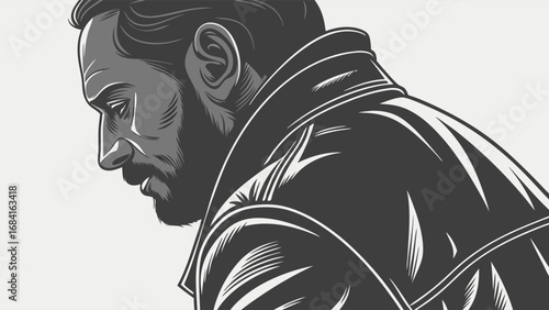 Mans Profile Silhouette Vector Illustration Grayscale Style Side View Head and Shoulders Minimalist Art.