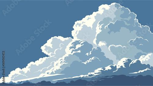Dramatic Cumulus Cloudscape Blue Sky Fluffy Clouds Weather Illustration Nature Background.