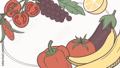 Illustration of Various Fruits and Vegetables Forming a Frame.